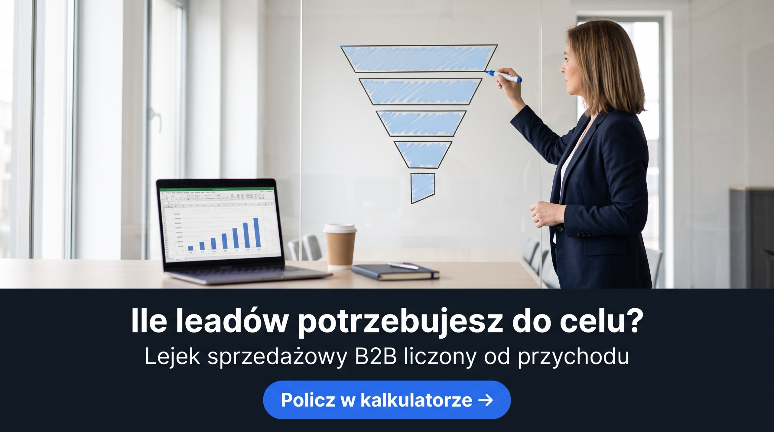 Dyrektorka sprzedaży rysuje lejek sprzedażowy B2B na szklanej ścianie; napis: Ile leadów potrzebujesz do celu?